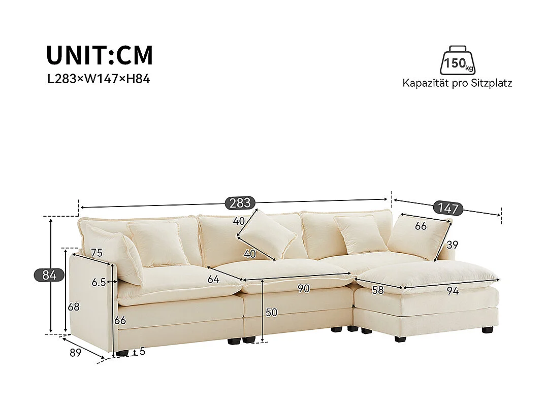 Design moderno, sofá de canto em forma de L, tecido chenille, sofá de três lugares com apoio para os pés, bege