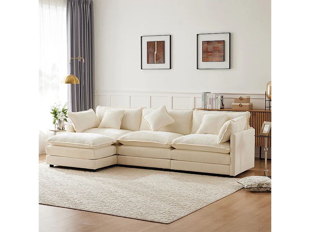 Design moderno, sofá de canto em forma de L, tecido chenille, sofá de três lugares com apoio para os pés, bege