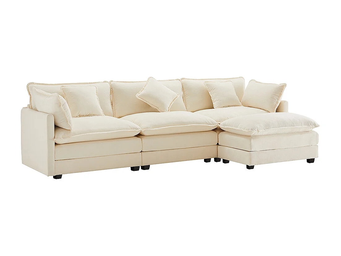 Design moderno, sofá de canto em forma de L, tecido chenille, sofá de três lugares com apoio para os pés, bege