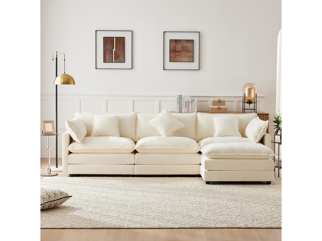 Design moderne, canapé d'angle en L, tissu chenille, canapé trois places avec repose-pieds, beige