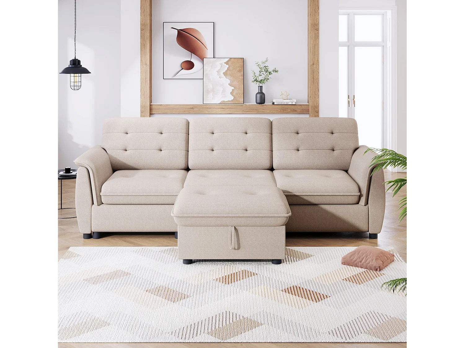 Divano angolare a L con poggiapiedi e pouf Contenitore, set