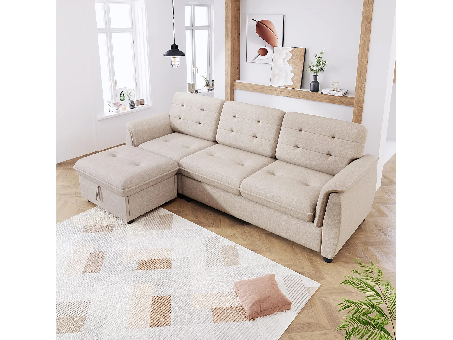 Divano angolare a L con poggiapiedi e pouf Contenitore, set