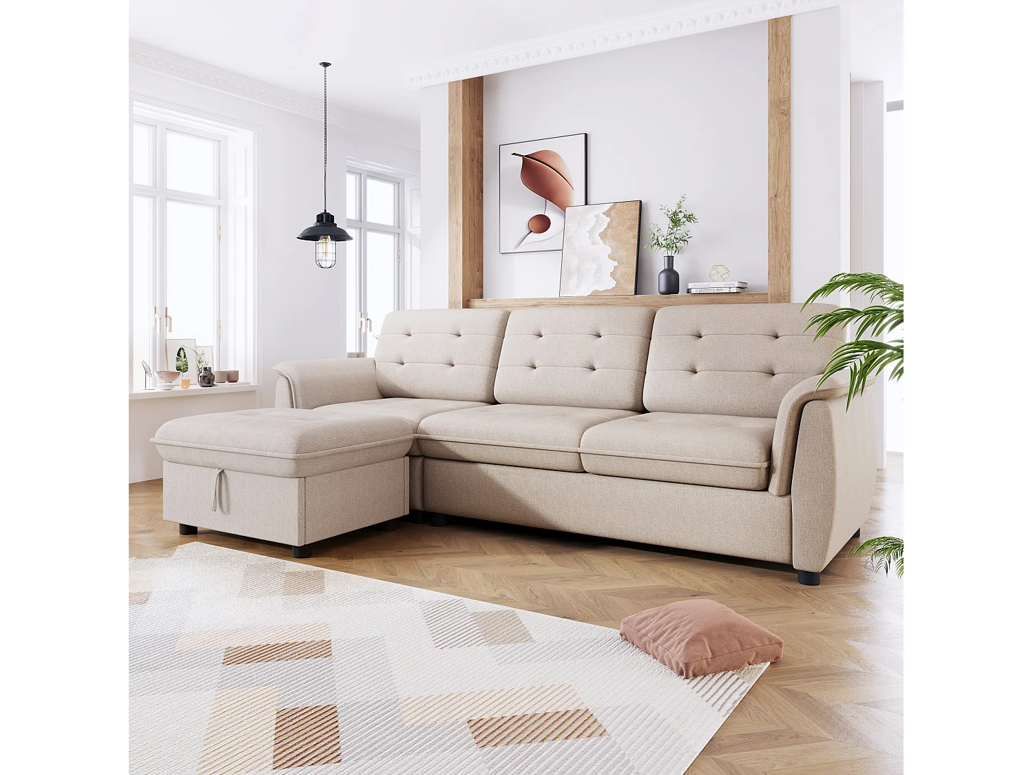 Divano angolare a L con poggiapiedi e pouf Contenitore, set