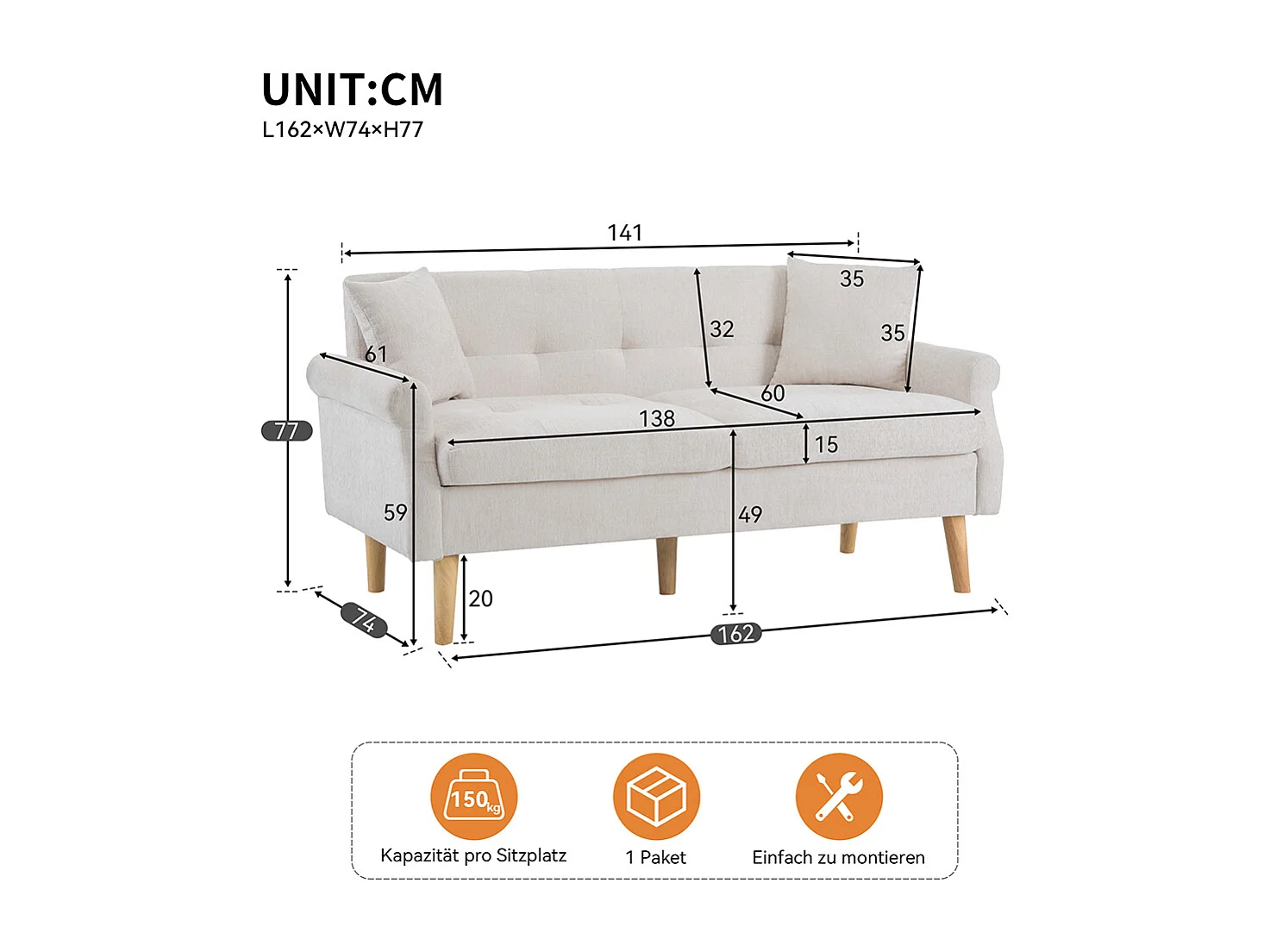 Design moderne, meubles rembourrés, canapé double, canapé rembourré avec coussins épais, beige