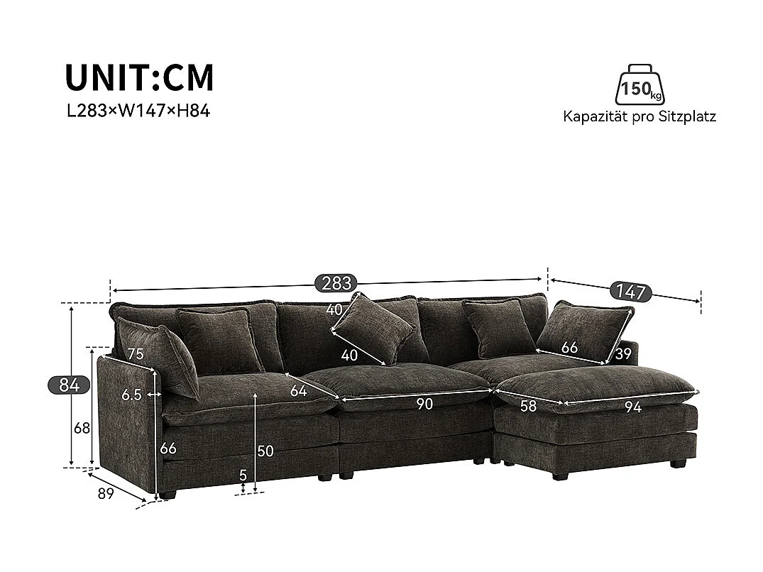 Modern design, L-vormige hoekbank, chenille stof, driezitsbank met voetensteun, donkergrijs