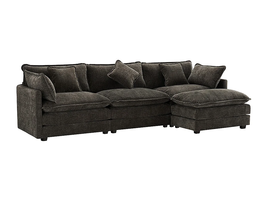 Modern design, L-vormige hoekbank, chenille stof, driezitsbank met voetensteun, donkergrijs