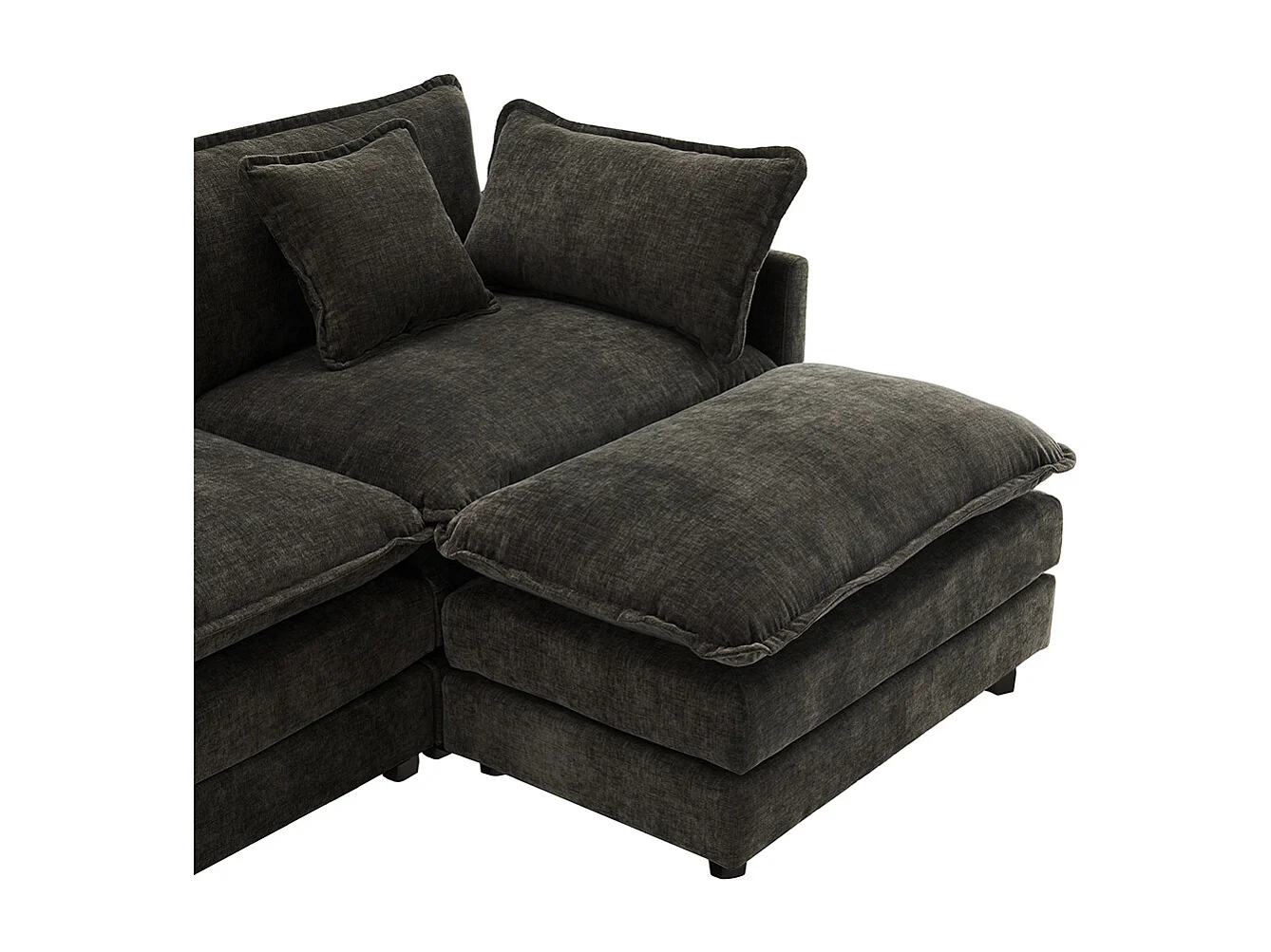 Modern design, L-vormige hoekbank, chenille stof, driezitsbank met voetensteun, donkergrijs