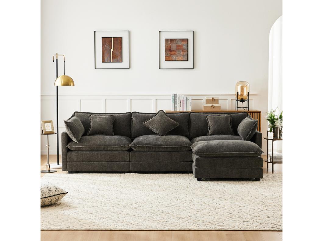 Modern design, L-vormige hoekbank, chenille stof, driezitsbank met voetensteun, donkergrijs