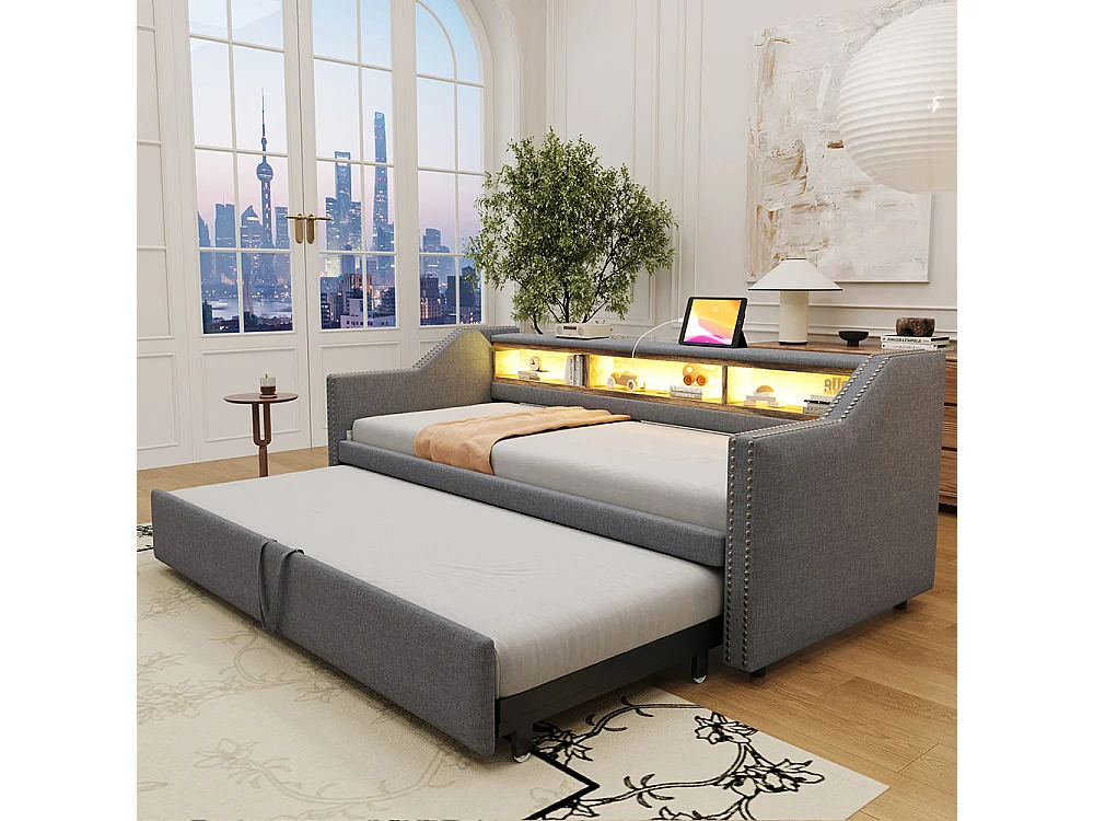 Ausziehbares Schlafsofa 90/180 x 190 cm, LED-Beleuchtung und USB-Anschluss, Dunkelgrau
