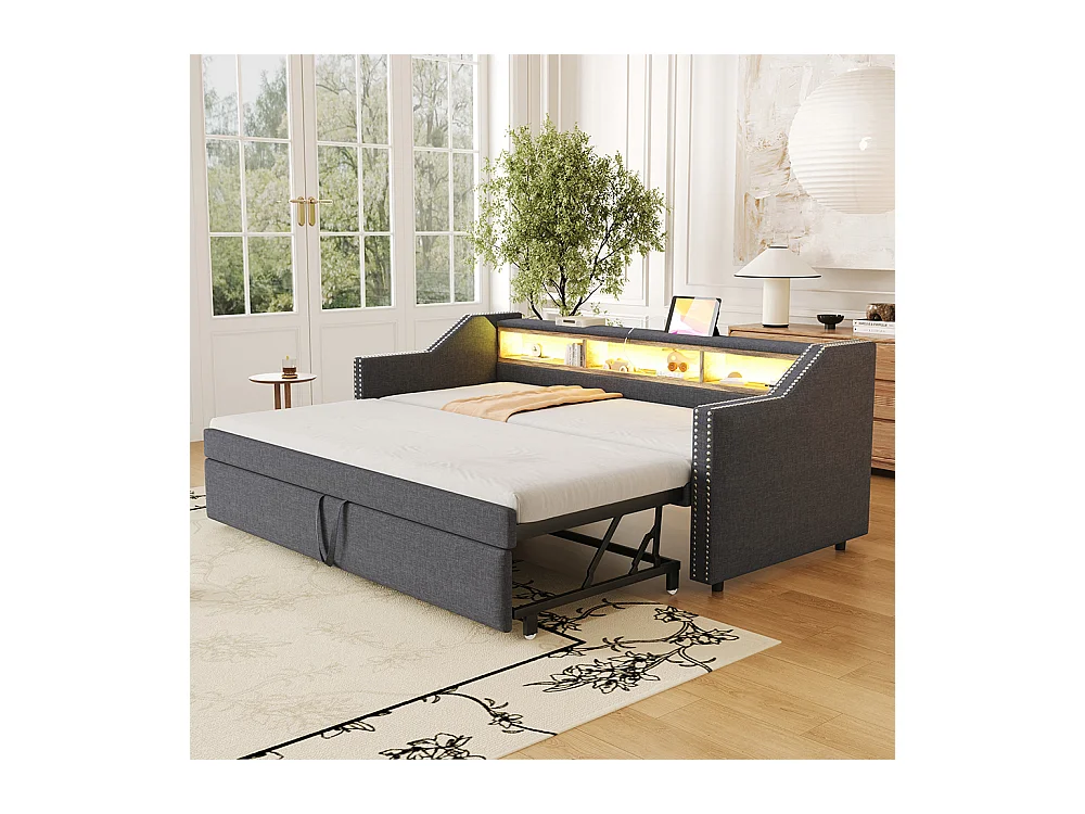 Canapé-lit extensible 90/180 x 190 cm, éclairage LED et prise USB, gris foncé