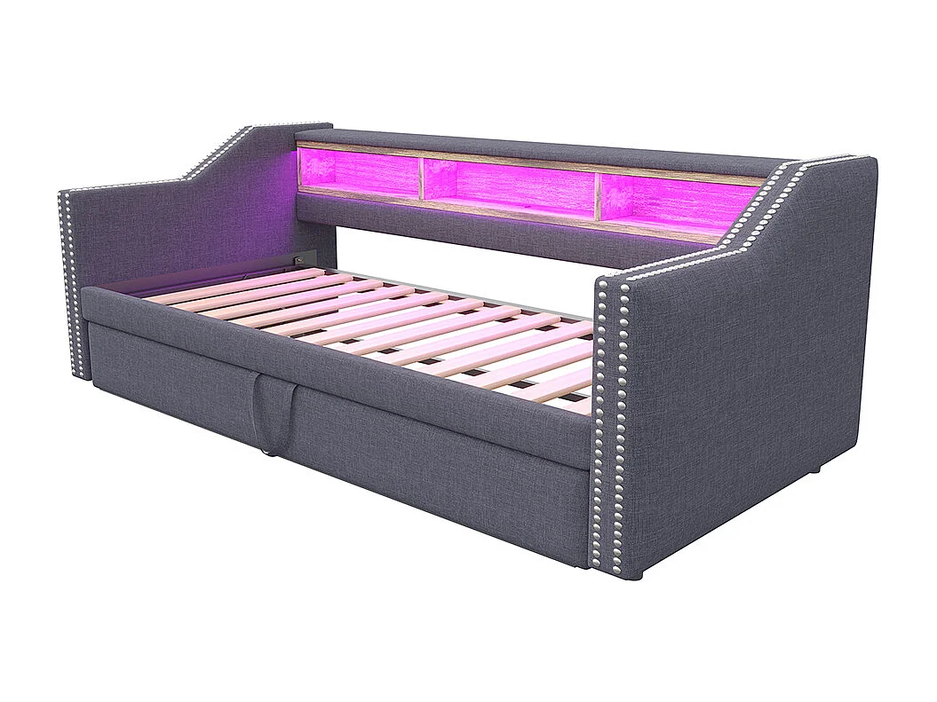 Sofá-cama extensível 90/180 x 190 cm, iluminação LED e ficha USB, cinzento escuro