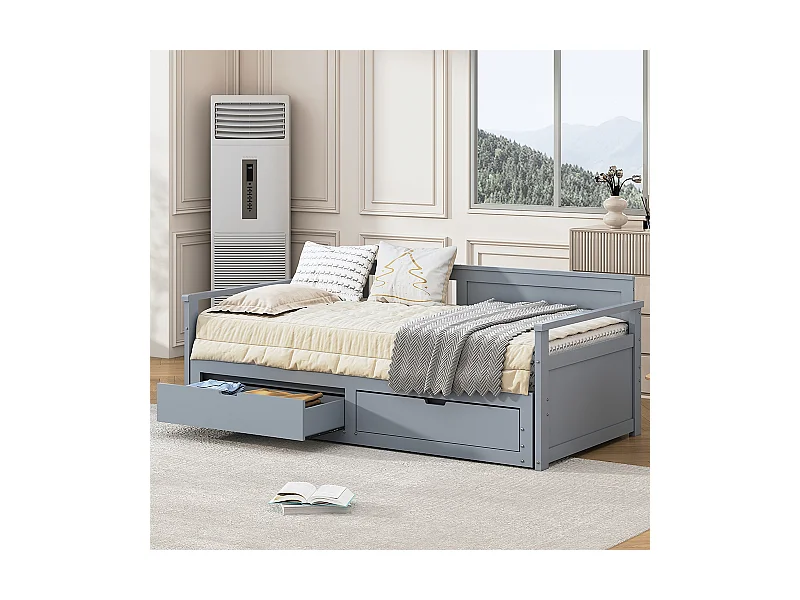 Multifunktionales Ausziehbett 2 in 1 90 (180) x 190, mit Kiefernholzbett, Schubladen , Grau