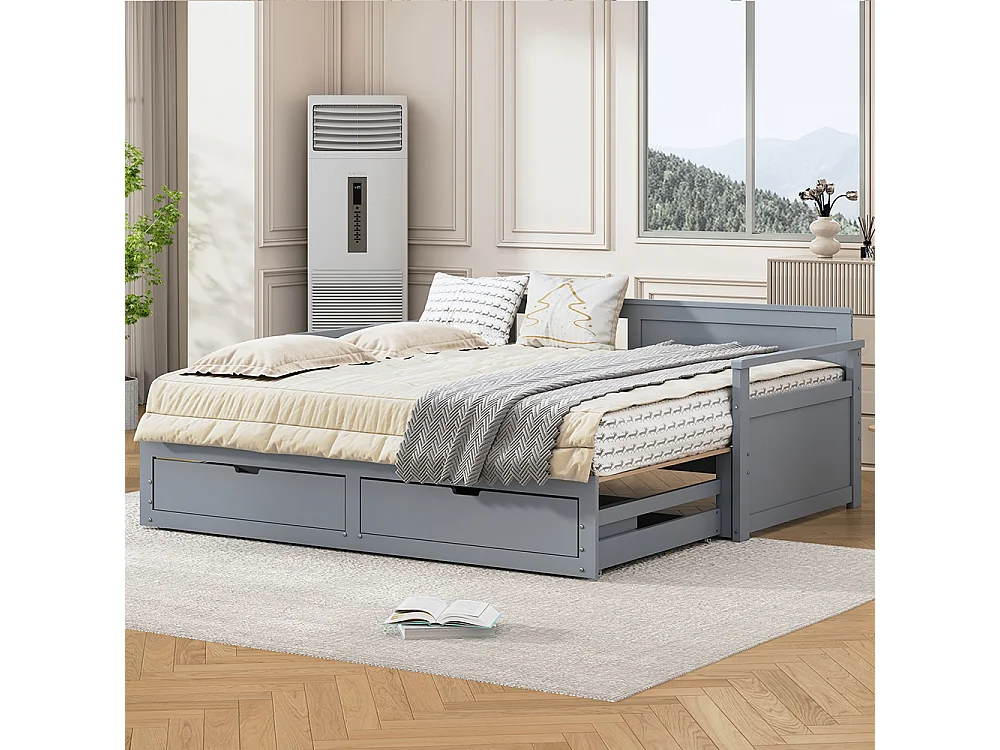 Multifunktionales Ausziehbett 2 in 1 90 (180) x 190, mit Kiefernholzbett, Schubladen , Grau