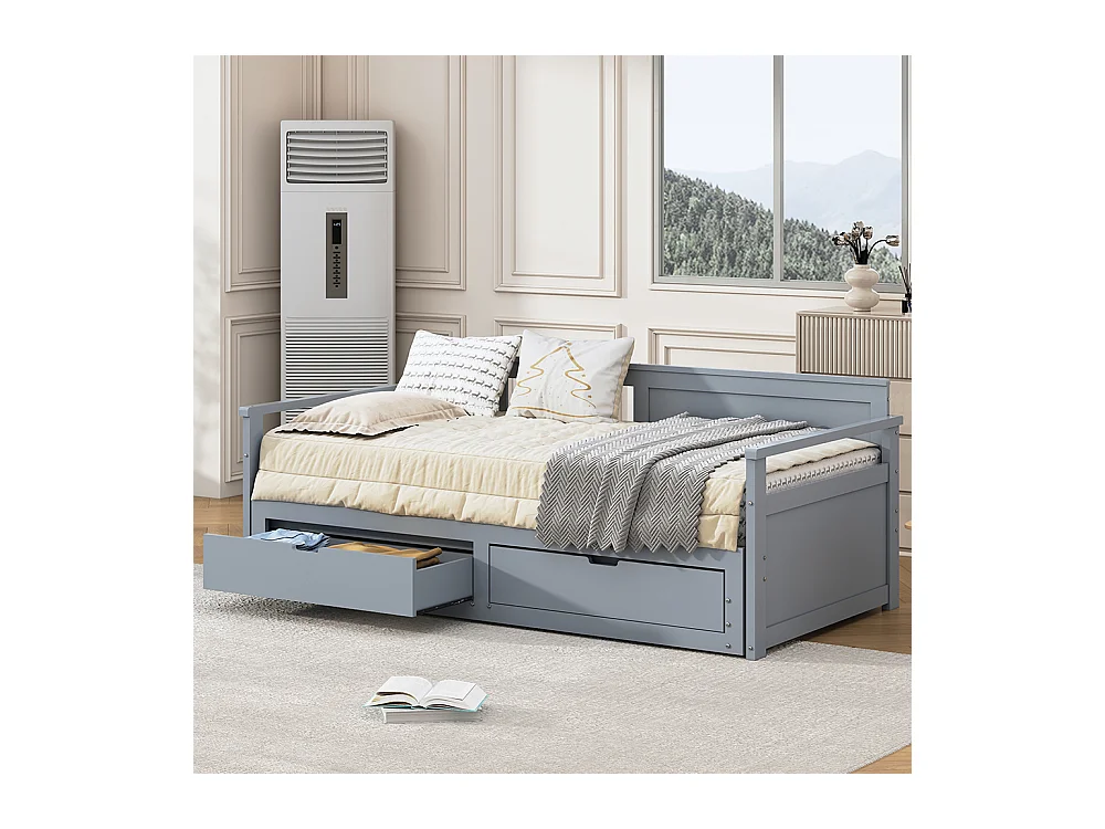Lit gigogne multifonctionnel 2 en 1 90 (180) x 190, avec lit en pin, tiroirs , Gris