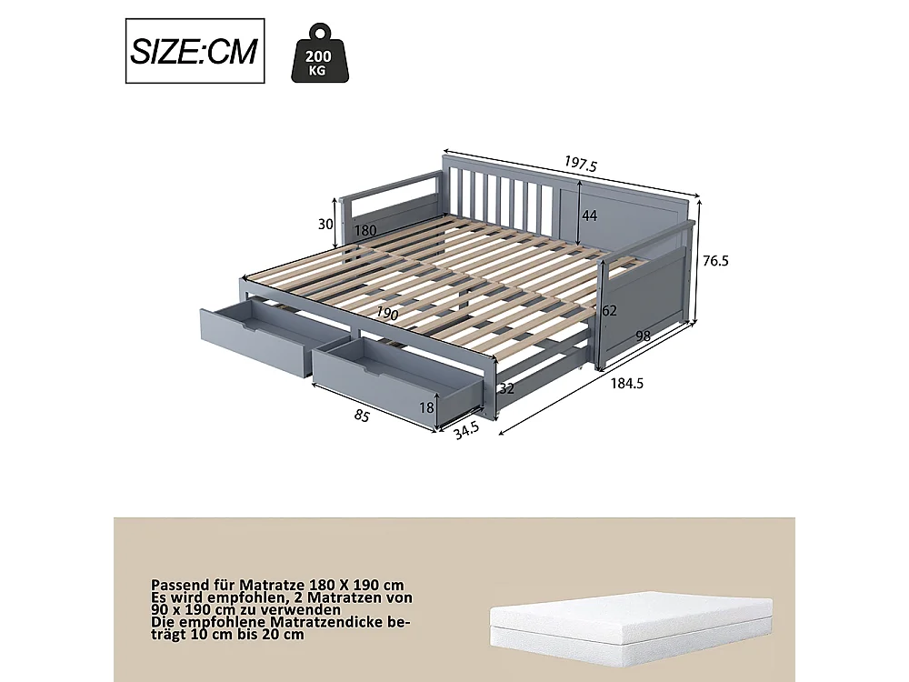 Lit gigogne multifonctionnel 2 en 1 90 (180) x 190, avec lit en pin, tiroirs , Gris