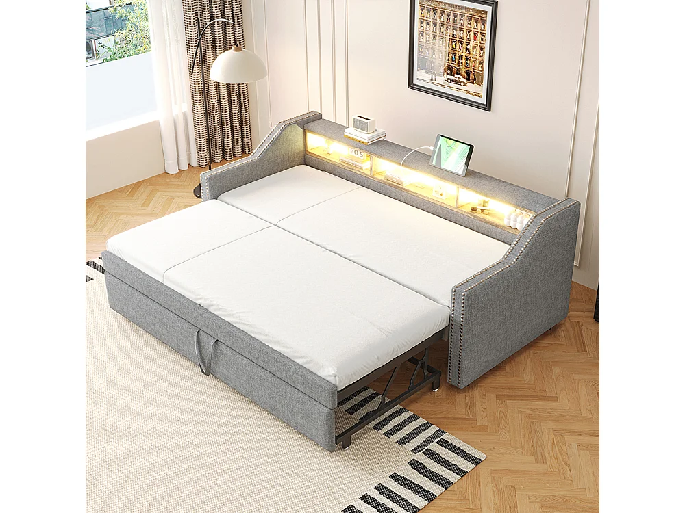 Canapé-lit extensible 90/180 x 190 cm, éclairage LED et prise USB, gris clair