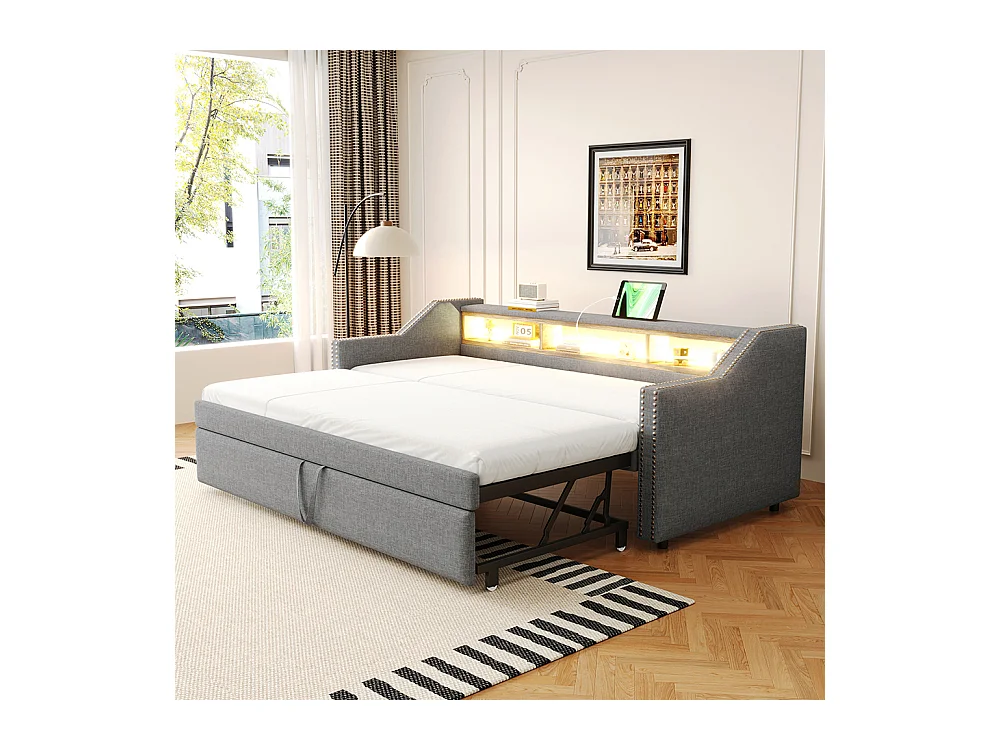 Canapé-lit extensible 90/180 x 190 cm, éclairage LED et prise USB, gris clair