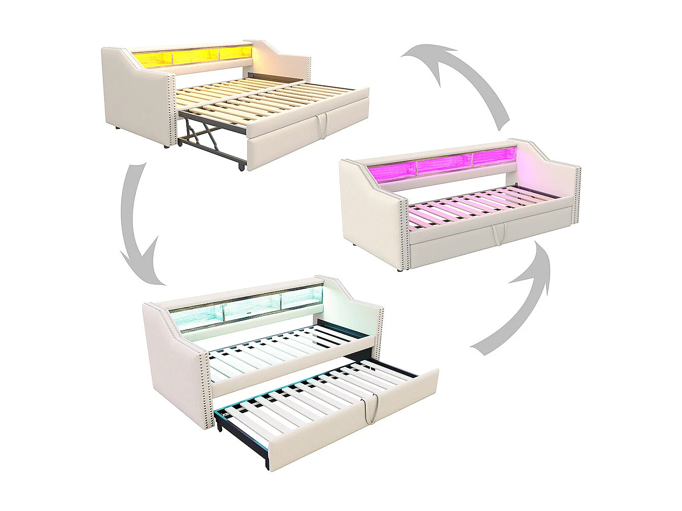 Canapé-lit extensible 90/180 x 190 cm, éclairage LED et prise USB, Beige