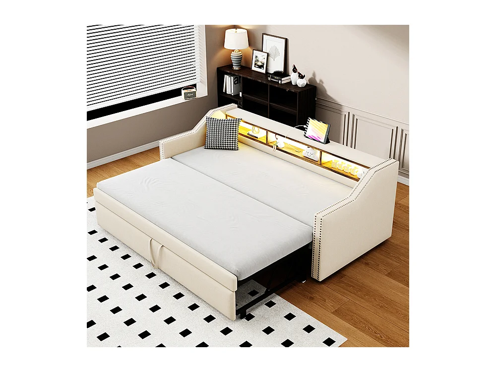 Canapé-lit extensible 90/180 x 190 cm, éclairage LED et prise USB, Beige