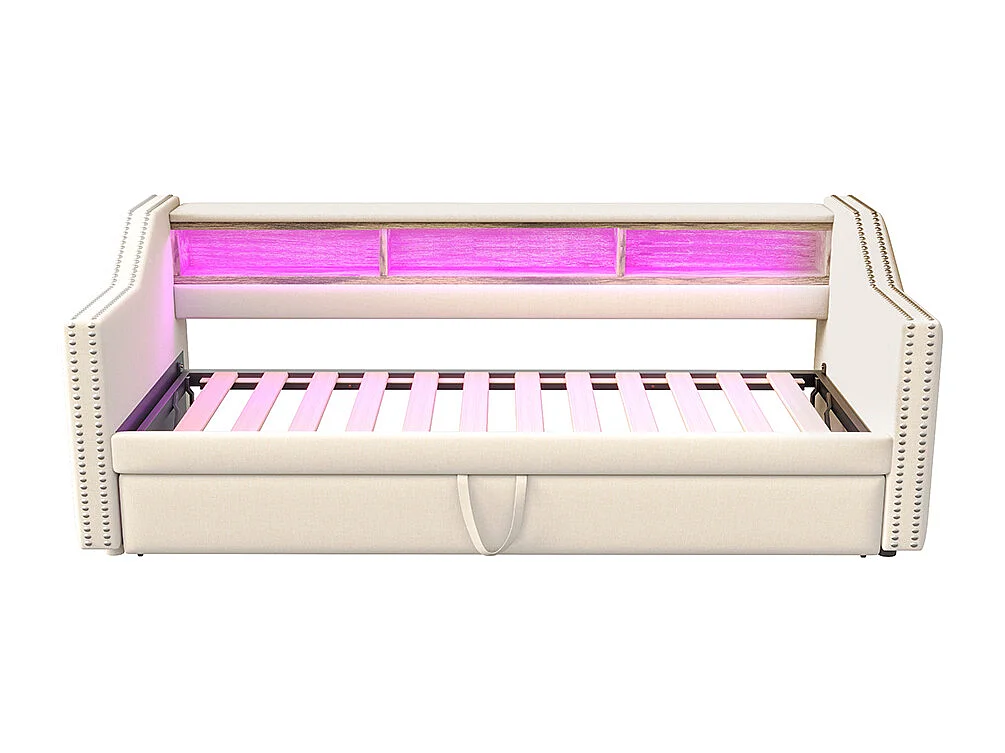 Canapé-lit extensible 90/180 x 190 cm, éclairage LED et prise USB, Beige