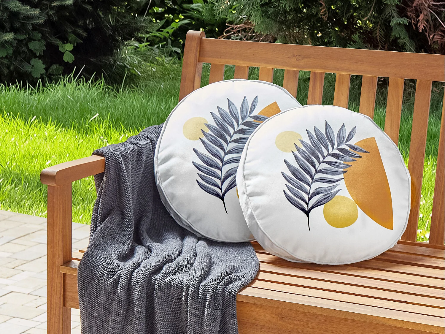 Set aus 2 Gartenkissen für den Außenbereich Streukissen ⌀ 40 cm Round Polyester Blattmuster Weiß Viozene