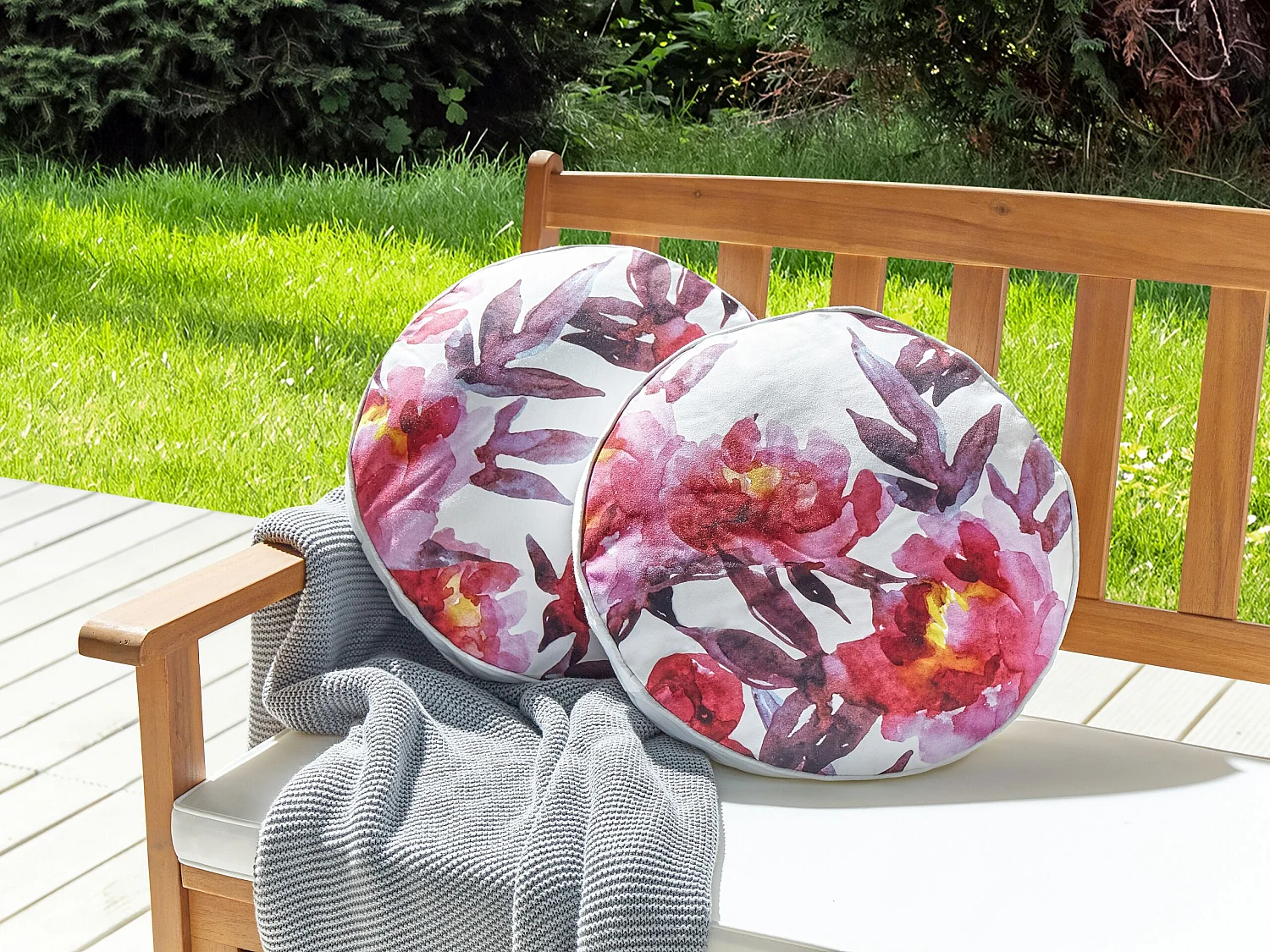 Gartenkissen 2er Set weiß / rosa rund 40 cm Blumenmuster modern Outdoor Lanrosso