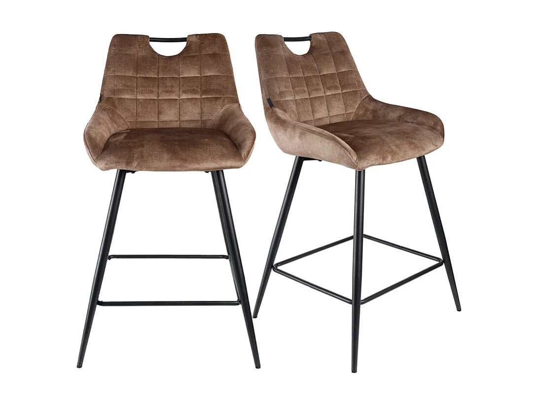 Lot 2 tabourets de bar en velours marron avec pied métal noir - BRANDY