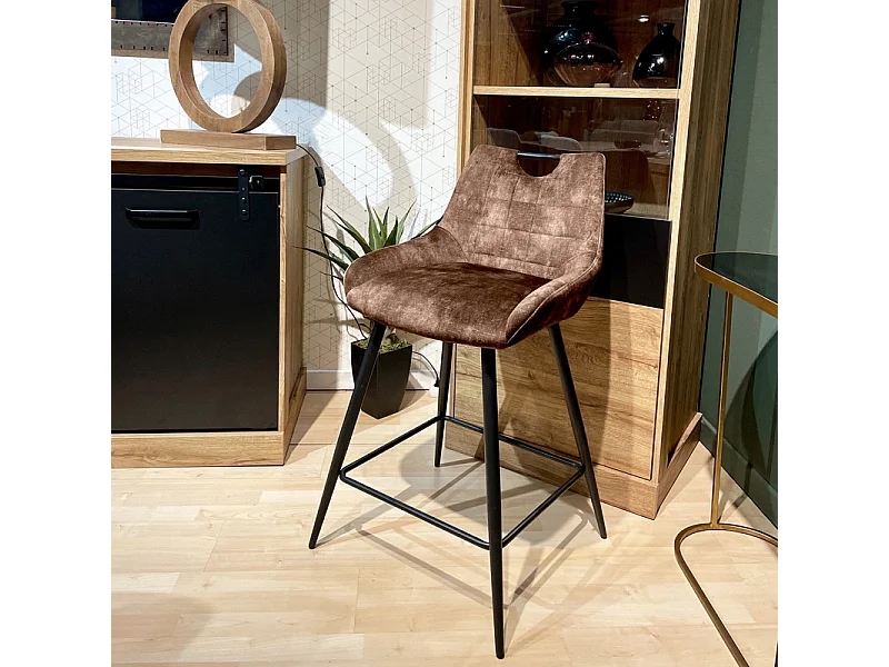 Lot 2 tabourets de bar en velours marron avec pied métal noir - BRANDY