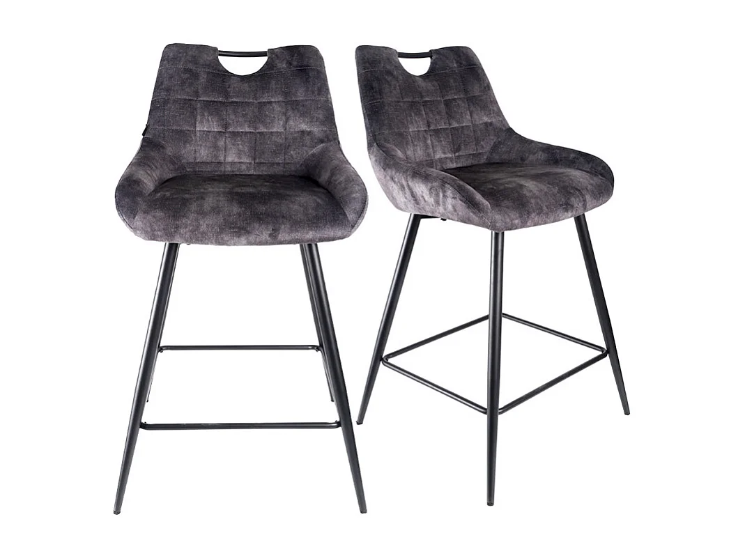 Lot 2 tabourets bar velours gris anthracite pied métal noir - BRANDY