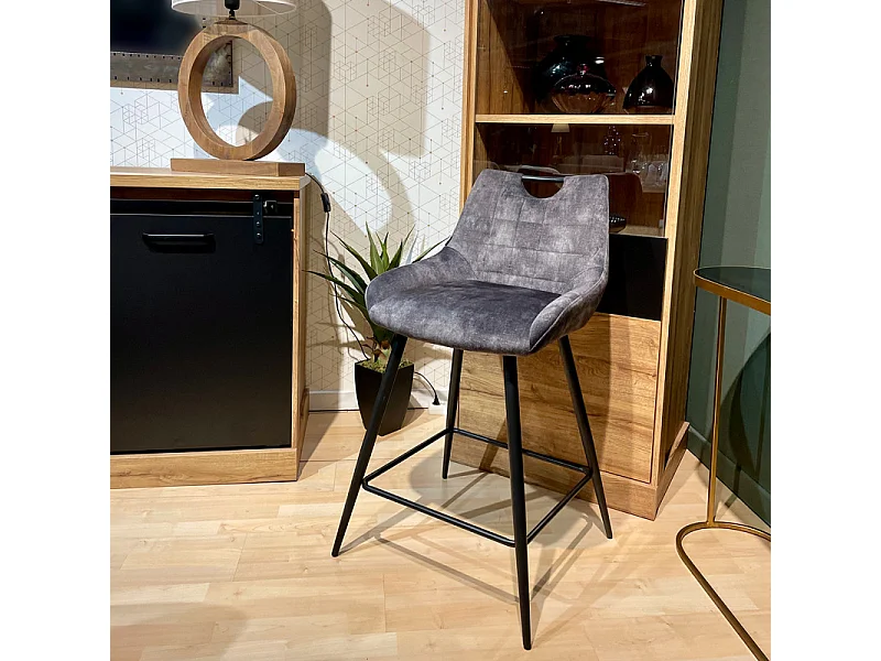 Lot 2 tabourets bar velours gris anthracite pied métal noir - BRANDY