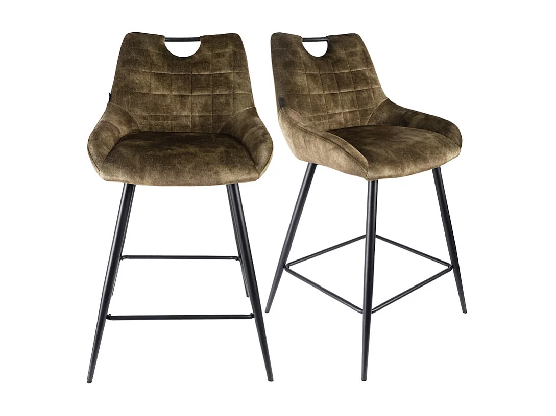 Lot 2 tabourets bar en velours vert kaki avec pied métal noir - BRANDY