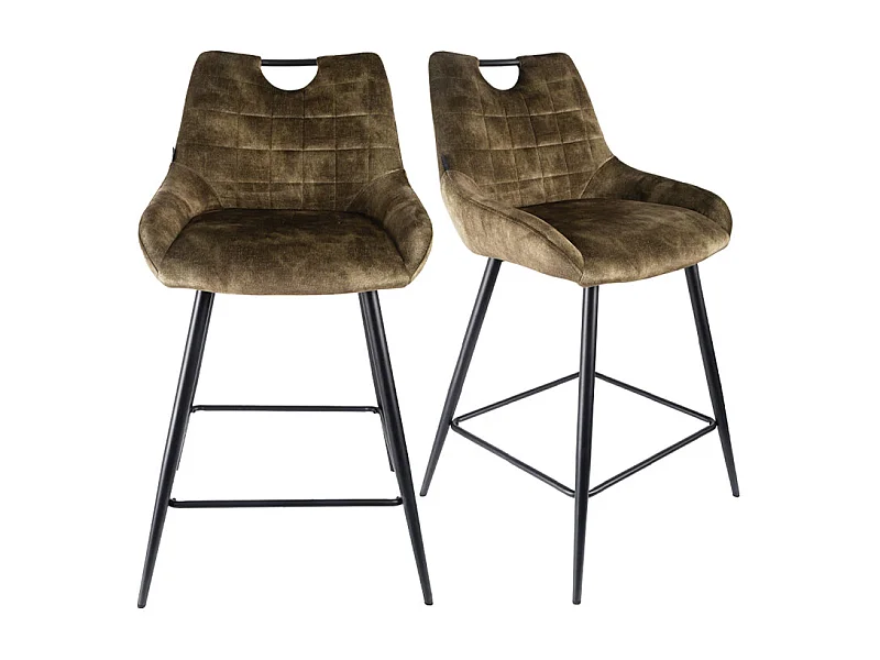 Lot 2 tabourets bar en velours vert kaki avec pied métal noir - BRANDY