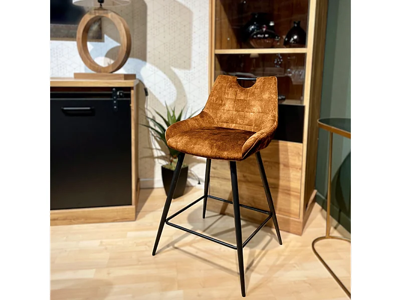 Lot 2 tabourets bar en velours jaune moutarde pied métal noir - BRANDY