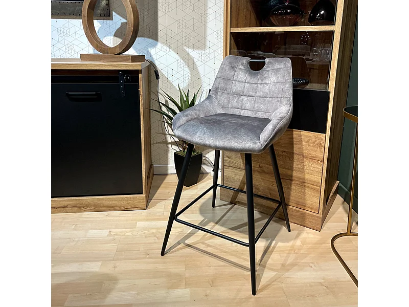 Lot 2 tabourets de bar en velours gris clair pied métal noir - BRANDY