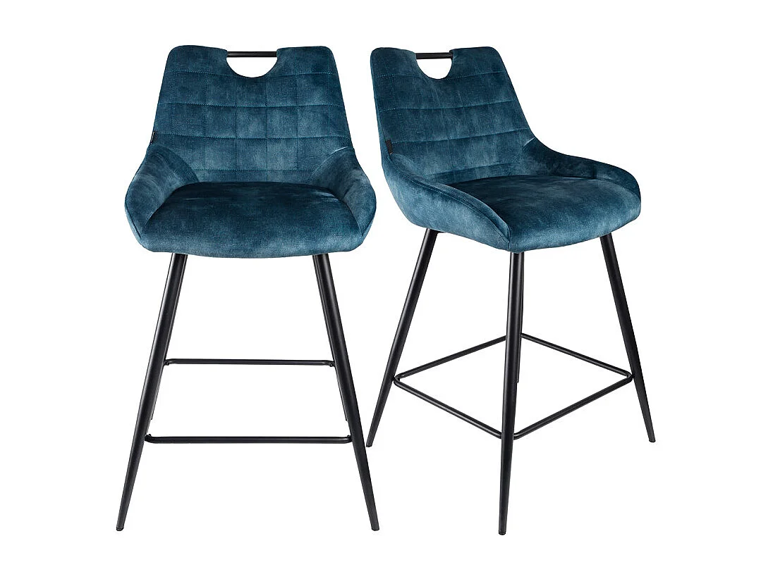 Lot 2 tabourets de bar en velours bleu canard pied métal noir - BRANDY