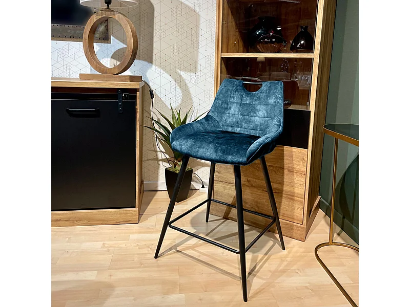 Lot 2 tabourets de bar en velours bleu canard pied métal noir - BRANDY