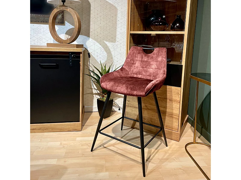 Lot 2 tabourets de bar en velours rose avec pied métal noir - BRANDY