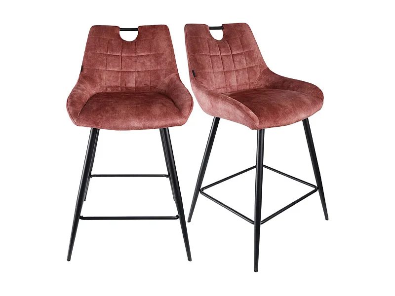 Lot 2 tabourets de bar en velours rose avec pied métal noir - BRANDY