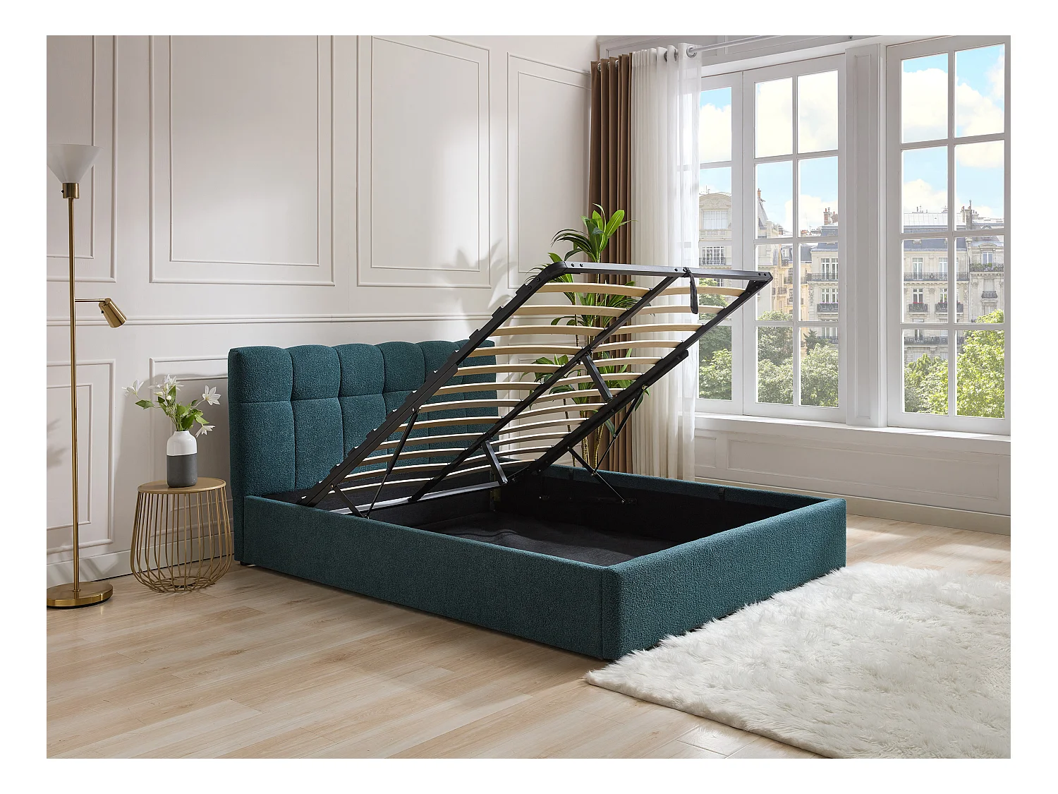 Sängram med förvaring 160 x 200 cm - Bouclé-tyg - Petrolblå + Madrass - MAZIRI