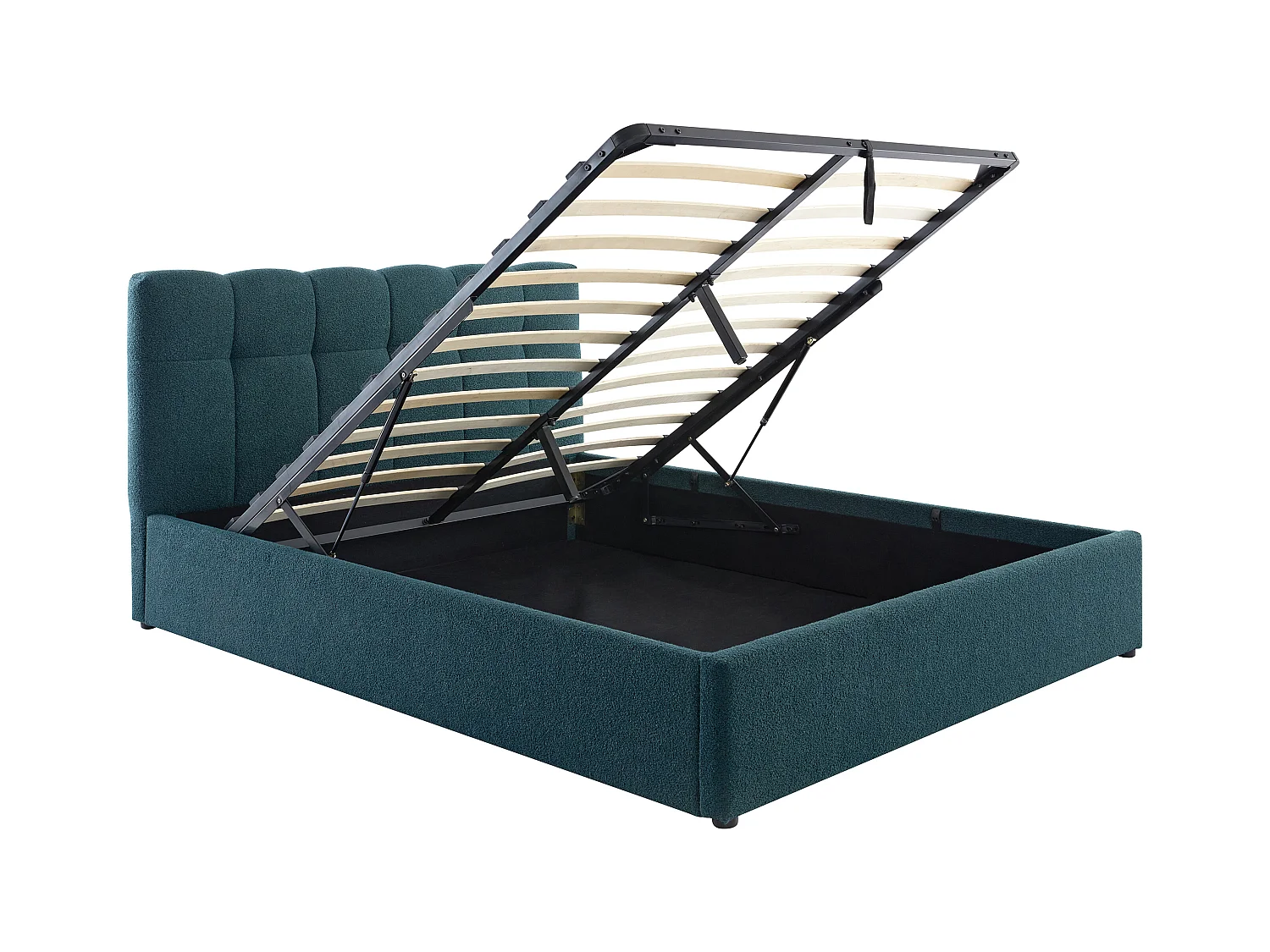Lit coffre 160 x 200 cm - Tissu bouclette - Bleu canard + Matelas - MAZIRI