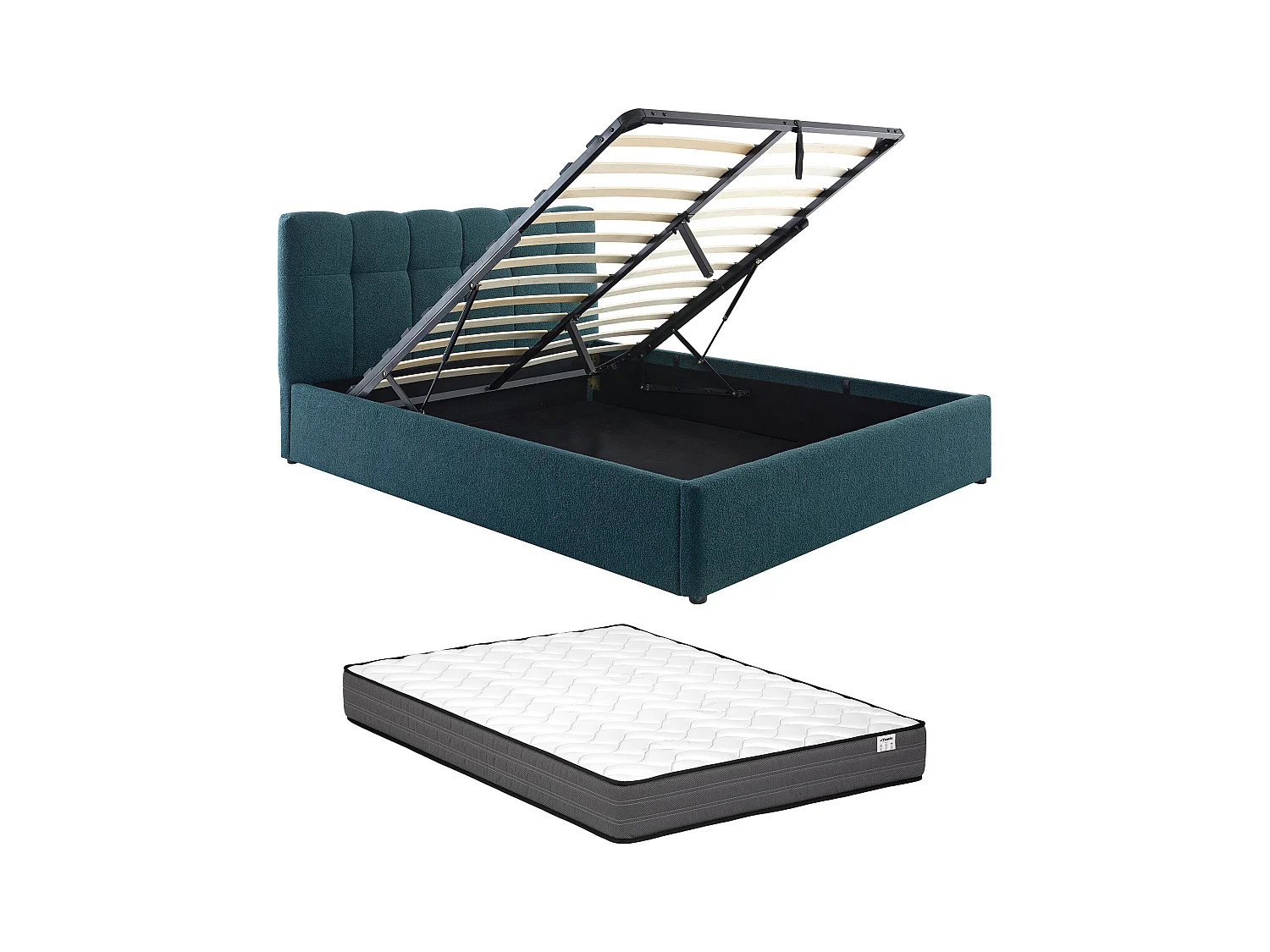 Lit coffre 160 x 200 cm - Tissu bouclette - Bleu canard + Matelas - MAZIRI