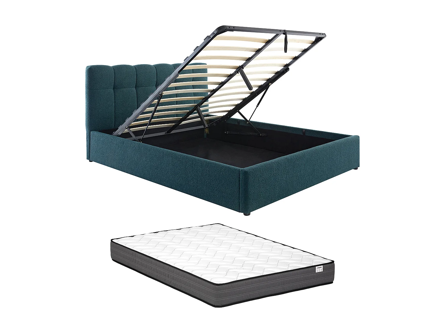 Lit coffre 160 x 200 cm - Tissu bouclette - Bleu canard + Matelas - MAZIRI