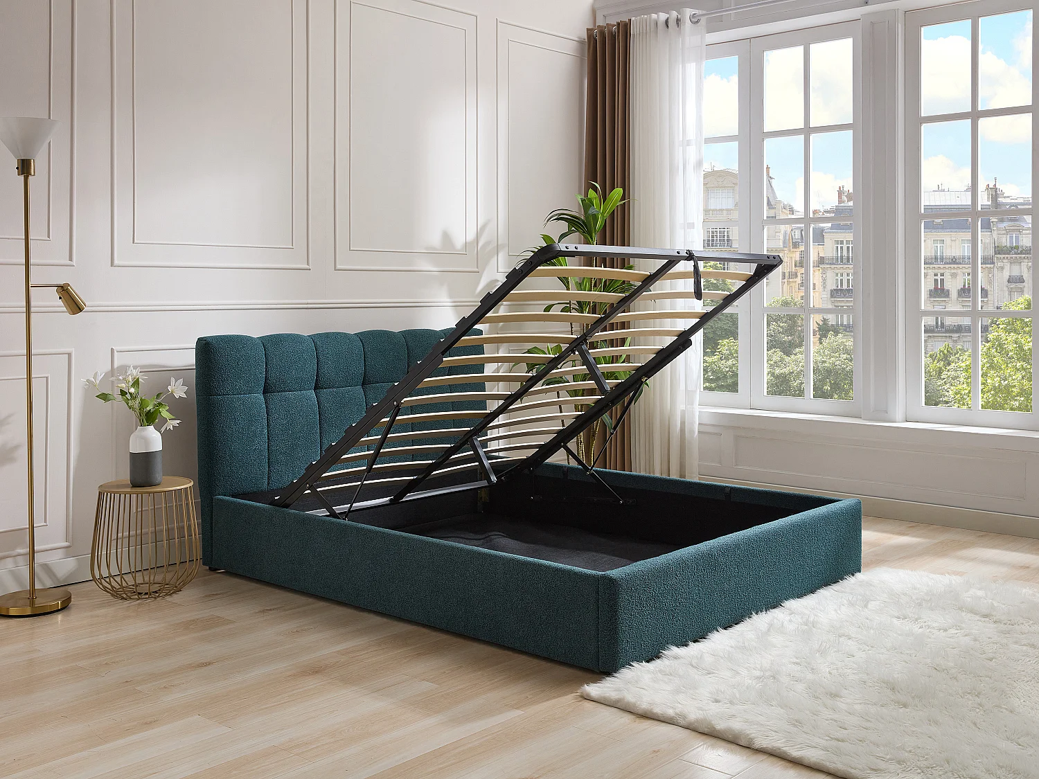 Lit coffre 160 x 200 cm - Tissu bouclette - Bleu canard + Matelas - MAZIRI