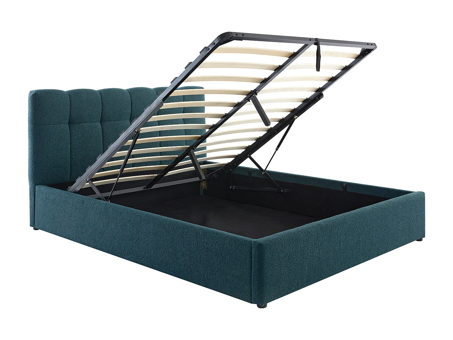 Lit coffre 160 x 200 cm - Tissu bouclette - Bleu canard + Matelas - MAZIRI