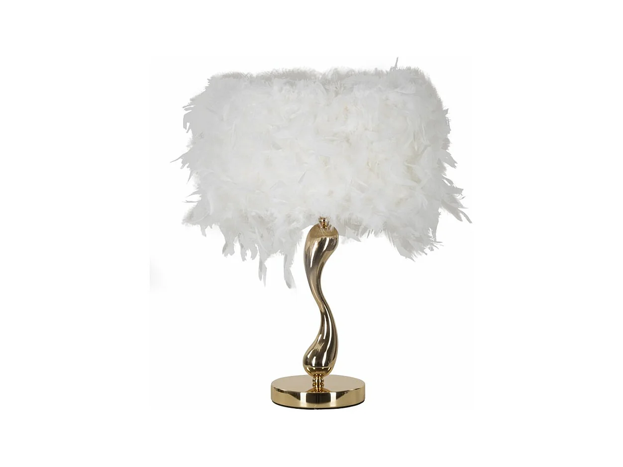 Lampe à poser blanche - Design élégant en métal et plastique doré - Abat-jour en plumes synthétiques - Taille Ø 25 cm