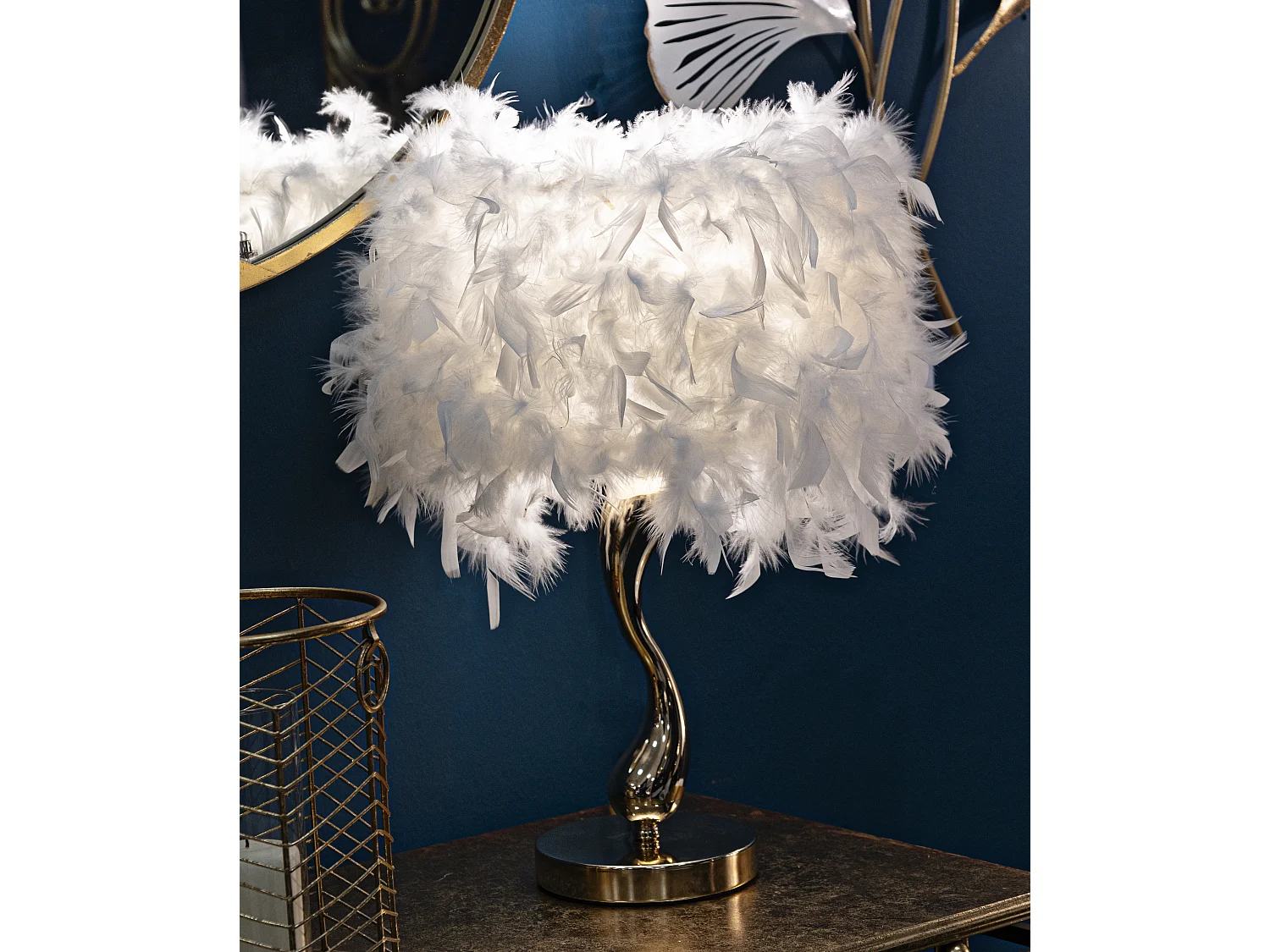 Lampe à Poser Imitation Plume "Cart" 47cm Or & Blanc