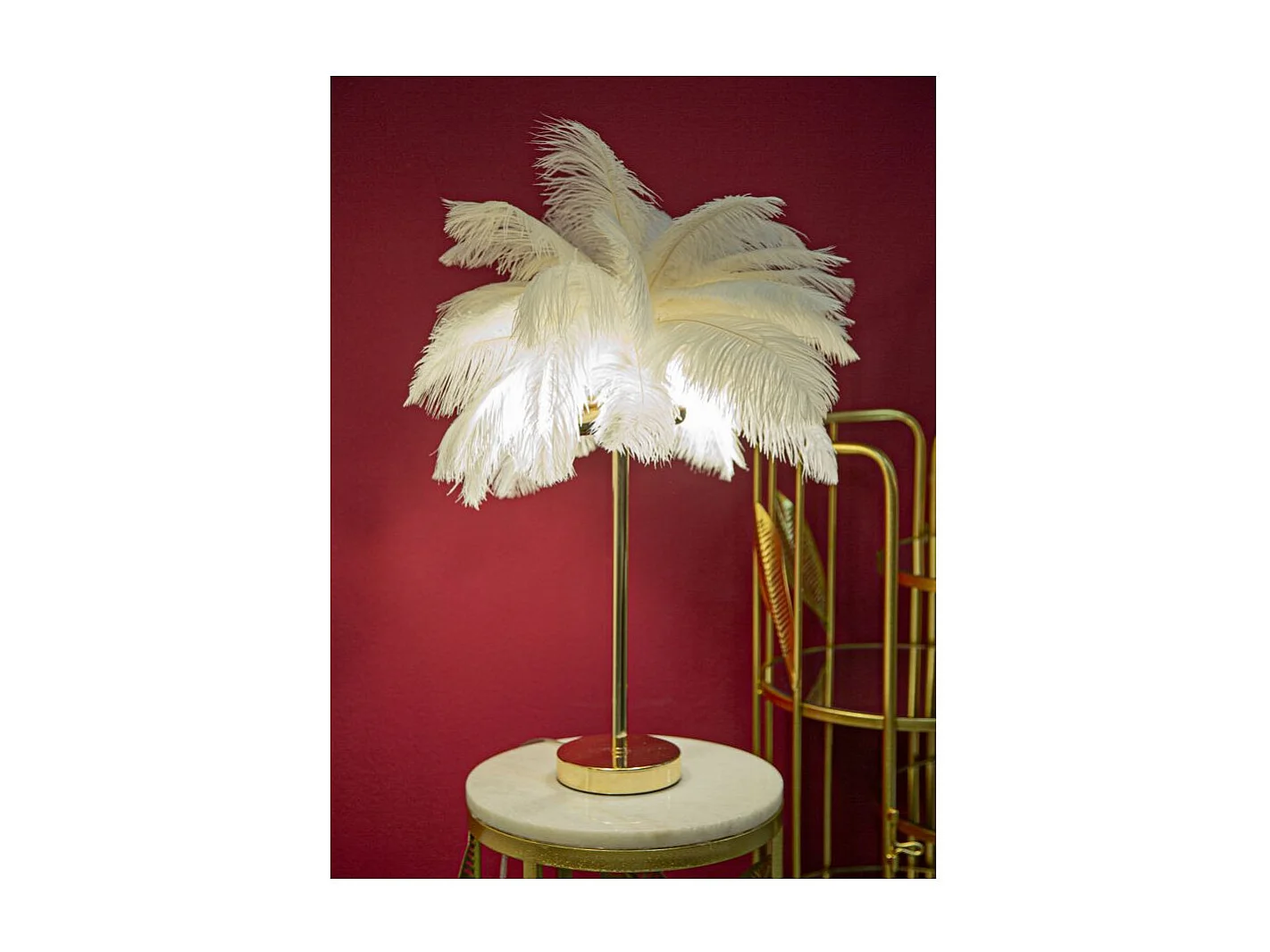Lampe à Poser Imitation Plume "Palm" 60cm Or & Blanc