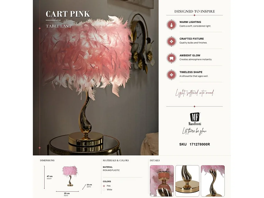 Lampe à Poser Imitation Plume "Cart" 47cm Or & Rose