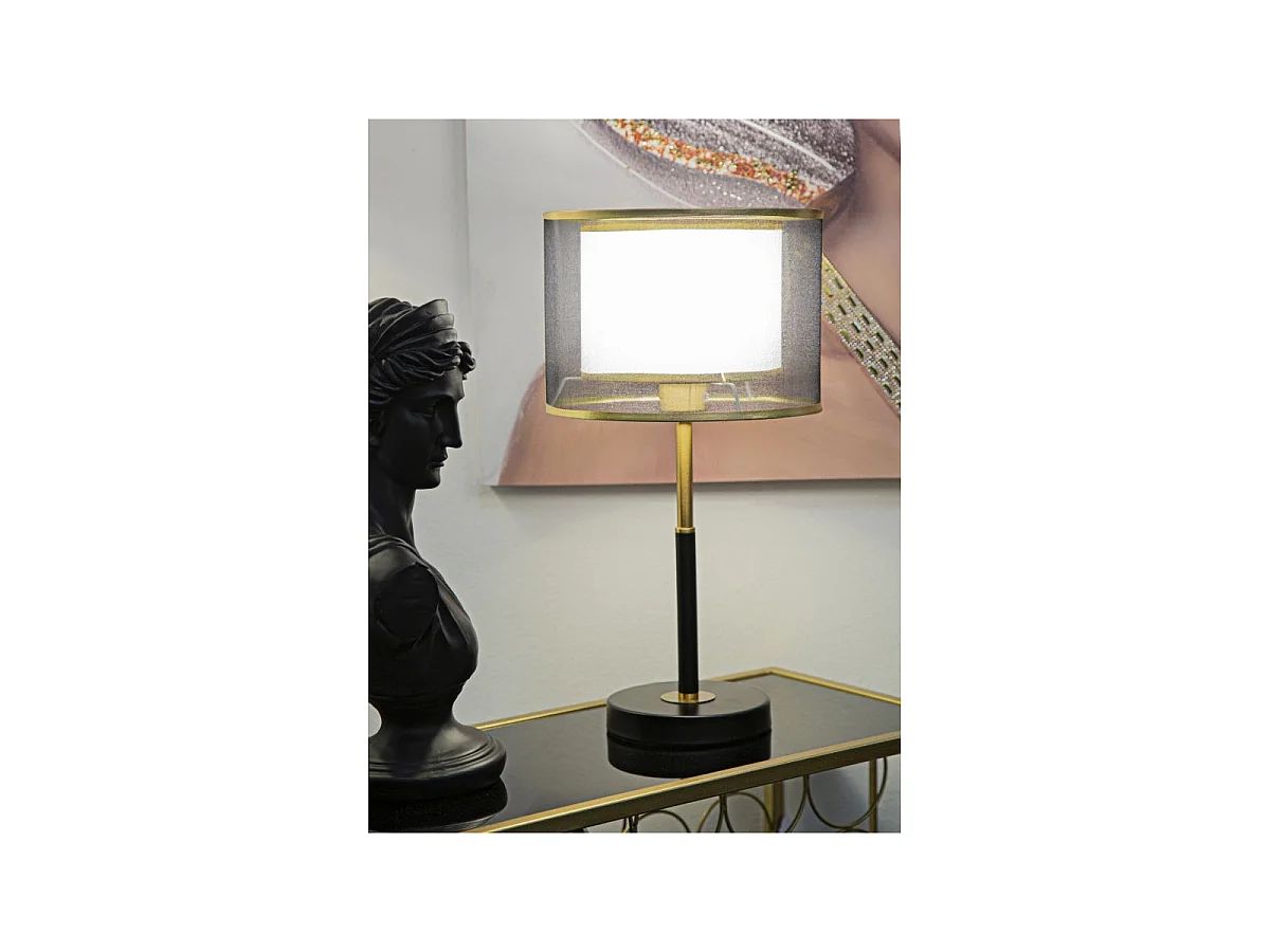 Tafellamp Levels, zwart en goudkleurig, ijzer en stof, 25 x 25 x 48 cm, 1 x E27, max. 40 W