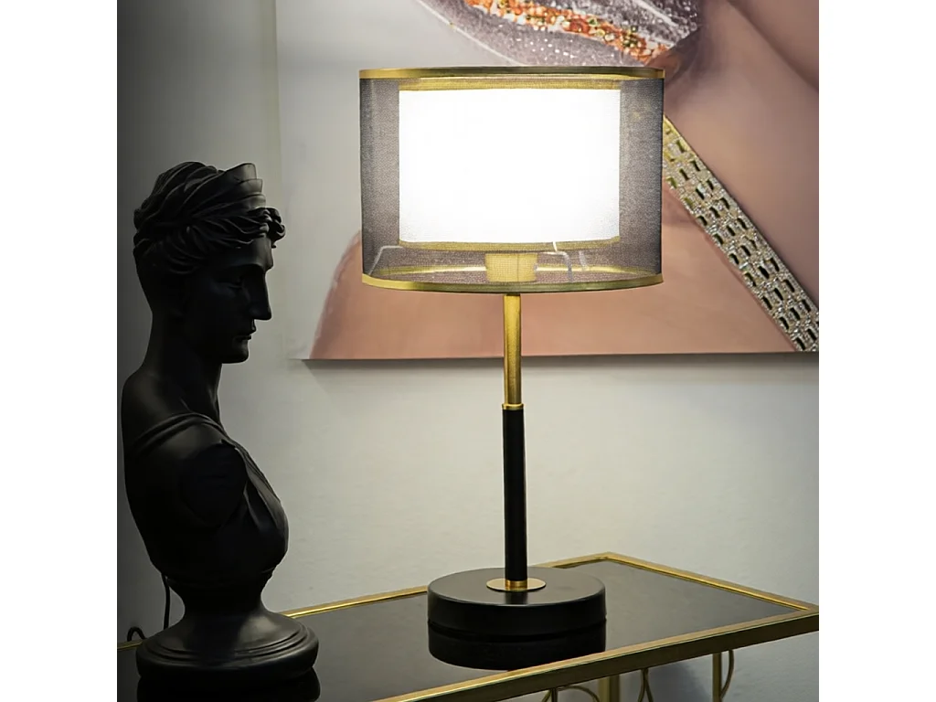 Tafellamp Levels, zwart en goudkleurig, ijzer en stof, 25 x 25 x 48 cm, 1 x E27, max. 40 W
